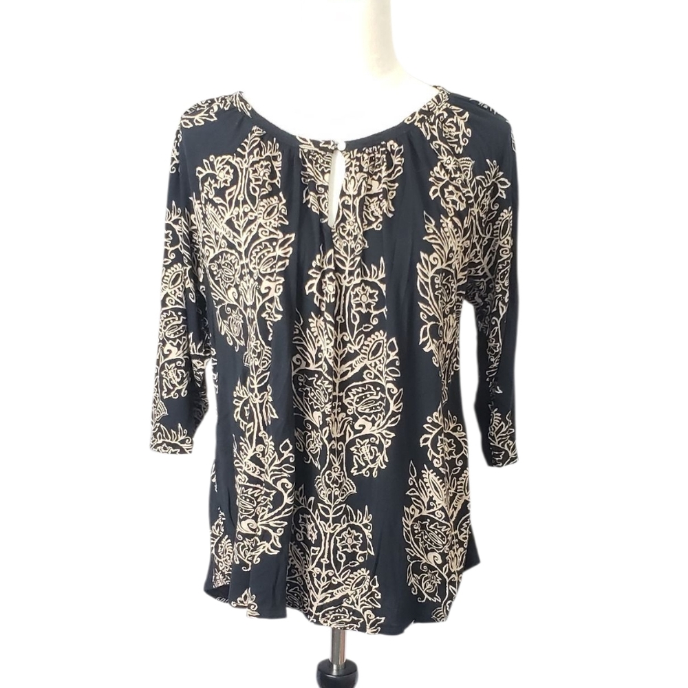 Lucky Brand Black Keyhole Detail Peasant Top Black & Tan Size 1X Boho